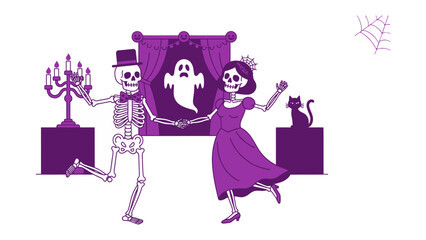 Halloween's Embrace: Two skeletons, the man in a top hat, bow tie, and woman wearing a crown and gown, dance merrily amidst a haunted ballroom setting with a floating ghost.
