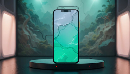 Smartphone display with abstract green and white waves on a dark podium screen technology