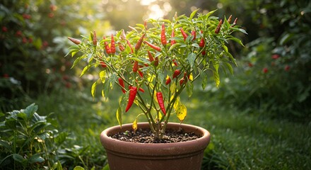 Potted chili plant with red and green peppers growing in a garden setting with sunlight