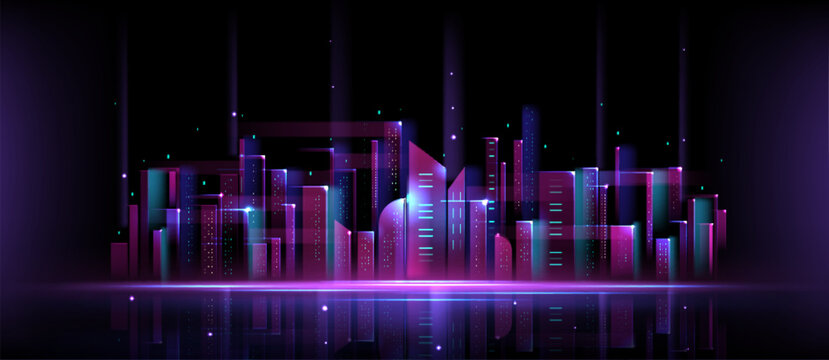 Futuristic neon purple blue cityscape on dark background. Vector illustration of modern high-rise buildings, high tech network lines, digital world skyline, pattern with metaverse skyscrapers - Powered by Adobe