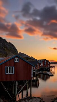A village in Lofoten Islands in Norway. Scenic time lapse of day to sunset skies