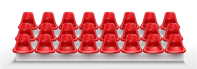 Stadium seat with red plastic chair rows on white platform for sports arena or event venue seating. Multiple molded chairs arranged in tiered configuration. Modern spectator furniture design. © klyaksun