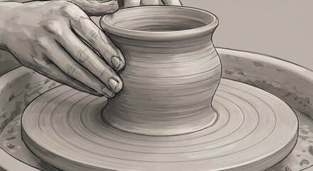 Potter at work shaping clay on a pottery wheel