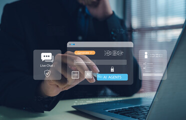 Business professional using laptop with AI agents interface, live chat, data processing, automation technology, representing artificial intelligence solutions for modern digital business strategy.