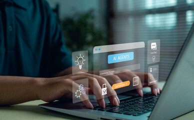 Hands typing on laptop with virtual AI agents interface, innovation technology, machine learning, data processing, and chatbot automation concept for digital transformation in business.