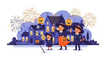 Halloween Night Magic: Three young witches, illuminated by the magic of lanterns and fireworks, create a whimsical and fun halloween night. The enchanting scene embodies childhood enchantment
