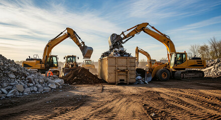 Heavy equipment clears the construction site of debris, loading the waste into a large container, restoring order to the surrounding area