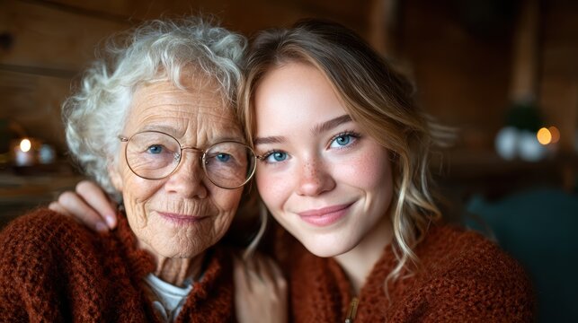 A touching portrait of a grandmother and granddaughter, smiling together in a cozy wooden setting, representing love, warmth, and familial connections across generations.