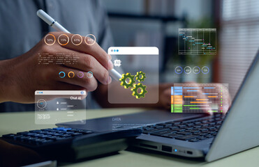 Artificial intelligence and automation concept. Businessman using laptop and digital pen with chat AI, workflow dashboard, and data analytics interface in modern office for technology innovation.