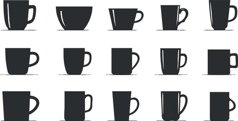 A collection of black silhouette cups and mugs in various shapes and sizes..
