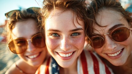 Three joyful friends posing with smiles on a sunny beach, wrapped in an American flag, radiating happiness and friendship. Perfect for lifestyle and travel photography.