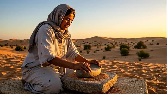 Middle eastern woman grinding grain in desert with traditional stone tools, historical and cultural documentary footage