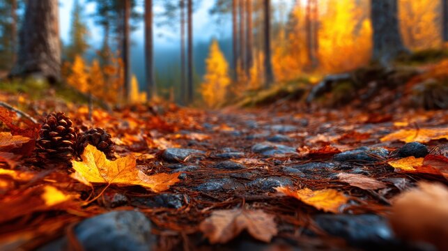 A serene pathway through an autumn forest, adorned with vibrant orange and yellow leaves, creating a picturesque and tranquil setting for nature lovers.