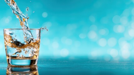 This vibrant image captures an action shot of water splashing into a glass, set against a soft blue bokeh background, evoking feelings of freshness and clarity.