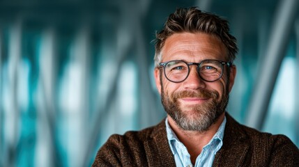 A confident man smiles while wearing glasses, showcasing a modern and professional vibe in a stylish environment that radiates warmth and approachability to viewers.