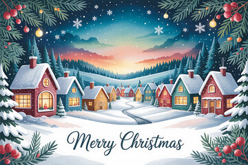 Magical snowy christmas village scene with twinkling lights and a warm sunset