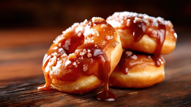 A mouthwatering display of glazed donuts drizzled with rich caramel and topped with crunchy bits, perfect for a sweet treat or dessert option for any occasion.