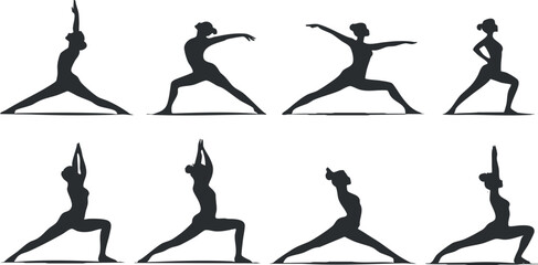 Silhouettes of various yoga poses showcasing flexibility and balance in fitness practice..