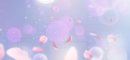 Pink sakura petals floating with spring flower bokeh background and soft blurred sun twinkles for romantic design. Dreamy pastel gradient with white sparkles. Delicate cherry blossom elements.