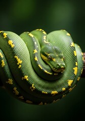 Fototapeta premium Intriguing Green Tree Python: Power and Beauty in Nature, Ideal for Wildlife Education and Conservation Campaigns
