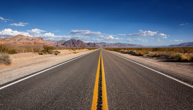 open desert highway stretches towards distant mountains under bright blue sky with scattered clouds asphalt road features double yellow line signifying direct path forward dry brush rocky hills