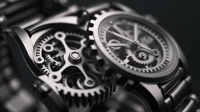 High resolution macro footage of luxury wristwatch gears moving in detail on a seamless matte black background with precision mechanics metallic shine and elegant craftsmanship perfect for fashion pro