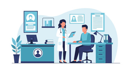 Female doctor consulting with a male patient in a modern medical office, discussing health and treatment plans.
