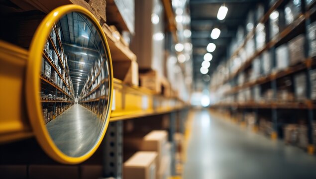 Industrial warehouse safety mirror reflection showing cardboard boxes and storage racks with yellow shelving and equipment in blurred background