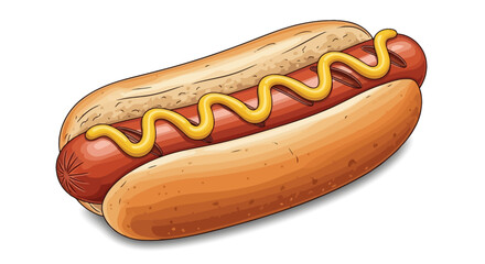 A classic American hot dog with a grilled sausage in a soft bun, topped with a zigzag of yellow mustard, isolated on a white background.