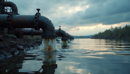 Industrial Pipes Discharging Water into River with Cloudy Sky for Environmental Awareness, Ecological Blogs, Pollution Reports, Water Quality Education, and Awareness Campaigns