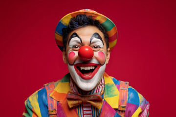 Man in colorful clown costume with rainbow makeup laughing on red background
