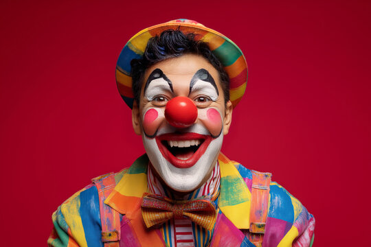 Man in colorful clown costume with rainbow makeup laughing on red background