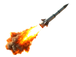 missile with bright orange fire trail isolated on a transparent background