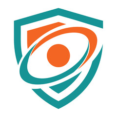 Teal and orange abstract shield with orbiting circle graphic background blue