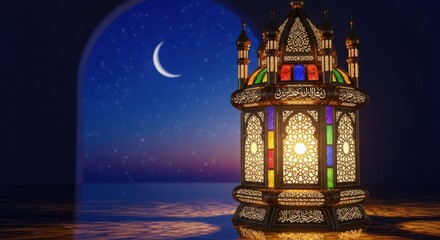 Obraz premium Ornate Arabic Lantern with Crescent Moon and Stars at Night