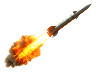 Silver missile with orange fins and fiery exhaust isolated on a transparent background