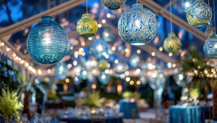 Multicolored, patterned globe lights hang from a clear tent, casting a warm glow over an outdoor event space.