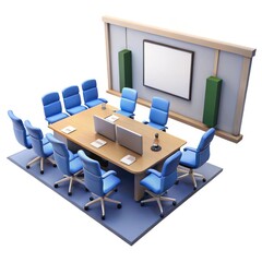 3d modern conference room setup with projector screen isolated on white background