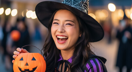 ハロウィンの仮装衣装を着た日本人の女子