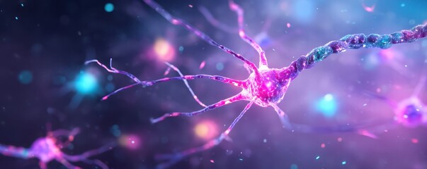 A vibrant depiction of neurons interconnected, showcasing their complex structure and glowing connections in a colorful, abstract background.