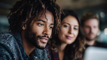 Diverse group of colleagues collaborating around a laptop in a modern office setting