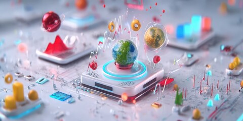 A vibrant, futuristic digital landscape featuring a globe surrounded by colorful graphs and abstract shapes, symbolizing data and technology.