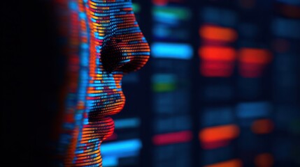 A vivid, digital representation of a face, formed by colorful, glowing lines, set against a backdrop of data patterns.