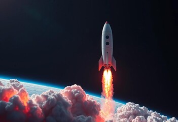 Naklejka premium AI-controlled rocket launching into space, fiery exhaust trail, algorithm, machine learning