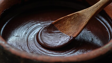 Dark chocolate in a clay bowl, wooden spoon
