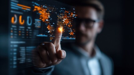 A professional individual interacting with a digital interface displaying data visualizations and global maps in a dark setting.