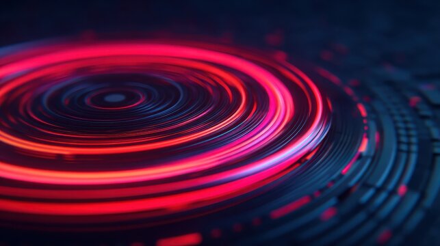A vibrant, abstract digital design featuring concentric circles in red and blue tones against a dark background, conveying motion and energy.