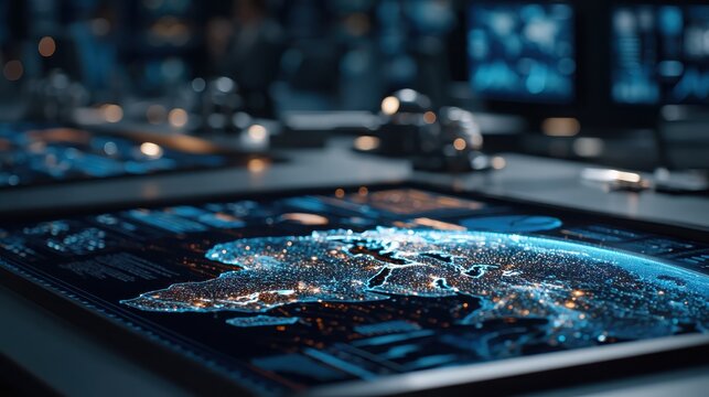 A futuristic digital map displaying interconnected data points and vibrant city lights, set against a high-tech interface in a modern workspace. - Powered by Adobe