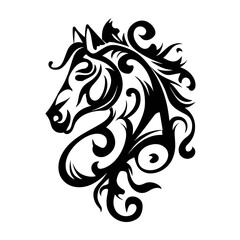Obraz premium A striking black tribal horse vector illustration featuring bold contrast, symmetrical patterns,