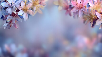 Soft pastel flowers framing a dreamy, out-of-focus background with subtle bokeh effects, perfect for a gentle and serene aesthetic